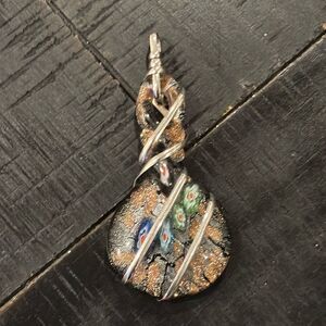 Wire Wrap Glass Millefiori Silver Tone Sparkle Pendant